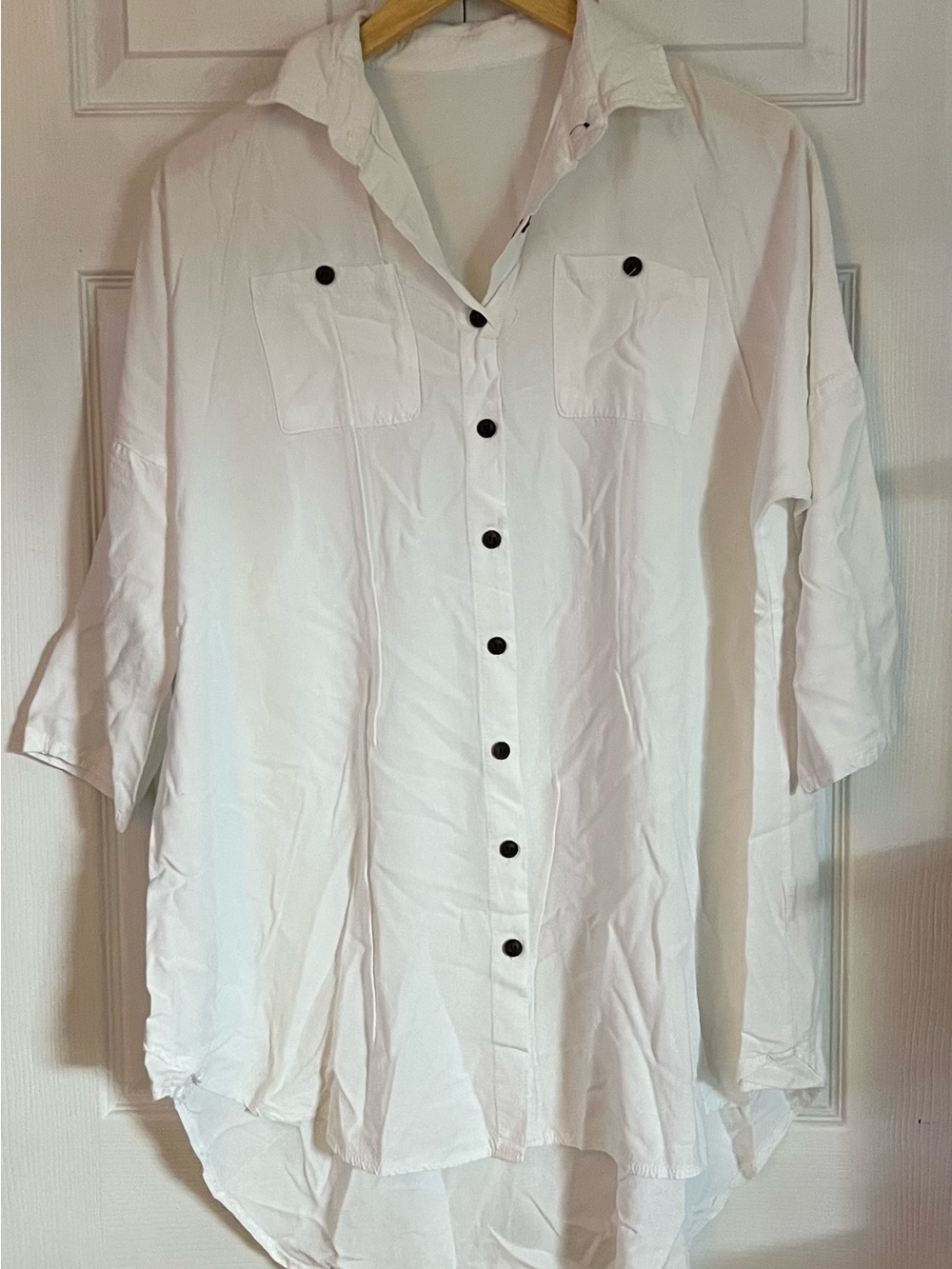 White Linen Look Oversized Button Down High Low Tunic XL